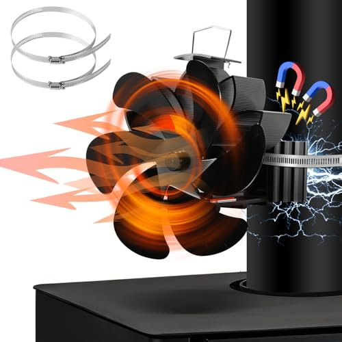 ISOISL Ventilatore magnetico per camino, 6 fogli con 2 anelli di ricambio, ventilatore per stufa, senza corrente, efficiente strumento per camino, camino, stufa a legna, 16,5 x 16,5 x 8,5 cm