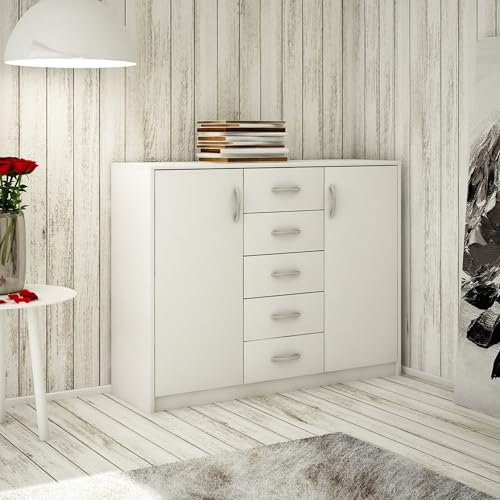 Home Collective Kommode mit 5 Schubladen und 2 Türen in Matter Ausführung, Kommode 110cm breit mit hochwertigen Polymergriffen Holz Schrank mit Schubladen Aus laminierter Platte gefertigt Weiß