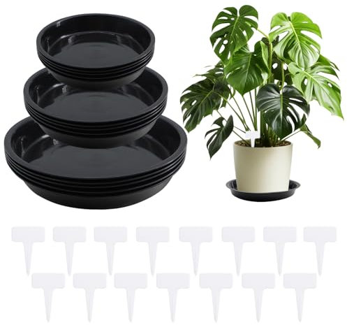 ZOCONE Blumentopf-Untersetzer + 15 Stück T-förmige Pflanzenetiketten, 14/16/21 cm, runde Kunststoff-Pflanzenuntersetzer für Töpfe, wasserdichte Blumentopf-Tabletts, rund, Blumentopf-Tablett für Innen-