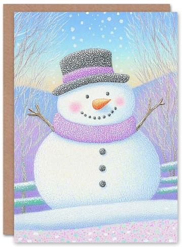 Wee Blue Coo Greeting Card Cute Snowman Pastel Purple Winter Countryside Blank For Him Or Her Art Xmas Christmas Card