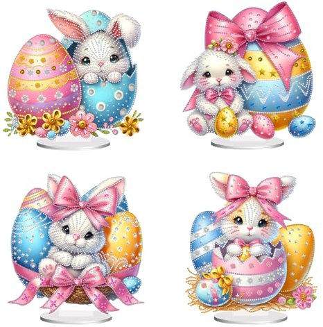 CXINLky DIY Diamond Art Painting Ostern Tisch Deko, 5D Diamant Painting Ostereier Tischdeko, Diamant Malerei Osterhase Stehend Kunst Set für Anfänger Hausgeschenk Deko-4 Stuck-B