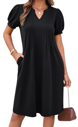 Kleider Damen Sommer A-Line Midi Mit Taschen V-Ausschnitt Freizeitkleider Elegant Strandkleid Schwarz L