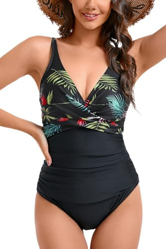 Viloree Costumi da Bagno Interi per Donna Scollo a V Costume Intero Donna con Controllo della Pancia Monokini con arricciature Fogliame-3 XL