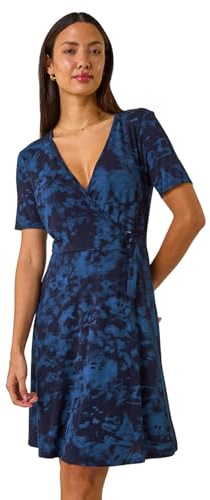 Roman Ring Buckle Wrap Stretch Dress for Women UK - Ladies Autumn Everyday Winter Holiday 3/4 Sleeve Soft V-Neckline Comfy Knee Length Frock Warm Gowns Midi - Blue Noir - Size 20
