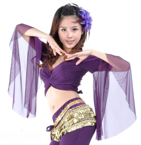 Women's Flare Sleeve Dance Crop Tops, Sexy V Neck 3/4 Tulle Sleeve Ballet Dance Wrap Top, Adjustable Straps Lace-up Shirt for Tribal Belly Dance, Self-tie Tassel Blouse for Festival Clubbing Dancewear