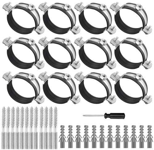 12 Piezas Abrazaderas de Tubo de 50 mm, Soporte de Tubo con Destornillador, Abrazaderas de Tubo de Rosca con Inserto de Goma para Tubo Ht, Tubo de Agua, Conductos de Ventilación