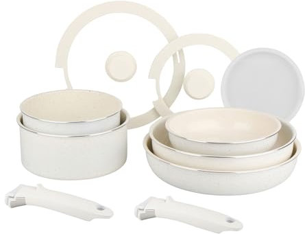 Sitram 716977 Batterie de Cuisine 10 Pcs Alu Blanc Revêtement Céramique : 2 Poêles Ø20,28 cm + 2 Casseroles Ø18,20 cm + 1 Sauteuse Ø26 cm + 2 manche amovible + 3 Couvercles - Tous feux dont induction