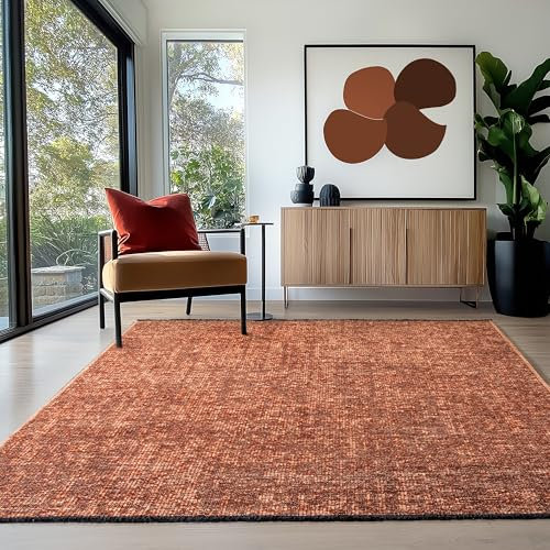 HomebyHome Baumwolle Chenille Teppich Terrakotta 120x170 cm Waschbar, Boho-Stil, Vintage Kelim, Kurzflor, rutschfest & Weich, Einfarbig Meliert, Für Wohnzimmer, Schlafzimmer, Büro & Küche