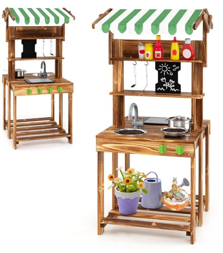 DREAMADE Matschküche Kinder Outdoor, Kinderküche mit Dach, Wasserhahn, Spüle, Tafel & Kindergrill, Doppelseitige Spielküche aus Tannenholz, Outdoor Küche für Jungen & Mädchen ab 3 Jahren
