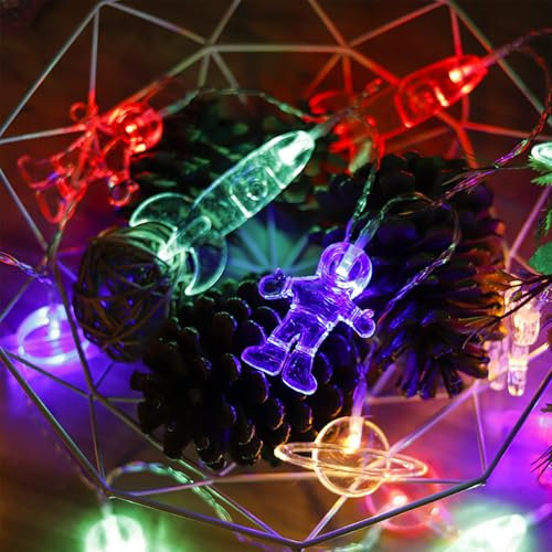 KOBOKO Lichterkette Kinderzimmer, 1,5M 10LED Astronaut Raumschiff Rakete Lichterkette Innen, Weltraum Deko Lichterkette Kinder, Lichterkette Batteriebetrieben für Weihnachten Garten Zimmer Deko