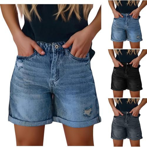 Womens Denim Shorts Stretchy Skinny Distressed Elastic Waist Ladies Ripped Jean Shorts Turned Frayed Hem Workout Half Pants with Pockets Lightweight Breathable Summer Crop Hot Pants Blue