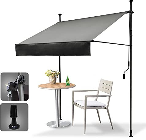 HOMEDEMO Klemmmarkise Markise Balkon (350 cm x 125 cm) Grau mit Handkurbel, Balkonmarkise ohne Bohren, Sonnenschutz und wasserdicht, UV-beständig und höhenverstellbar