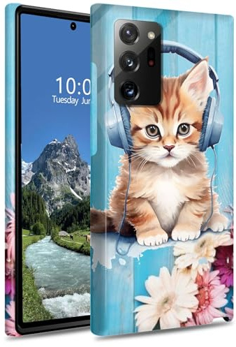 for Samsung Galaxy Note 20 Ultra 6.9 Phone Case Dual Layer Hybrid Hard PC & Silicone Heavy Duty Shockproof Protective Cover for Samsung Note 20 Ultra,Cat with Headphones Flower