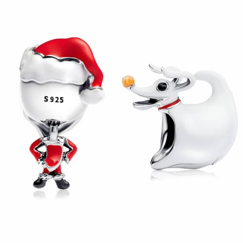 MSPOVOF Süßer Totenkopf zu Weihnachten & Geisterhund Charms 925 Sterling Silber Anhänger kompatibel mit Armband & Halskette Geschenk für Frauen