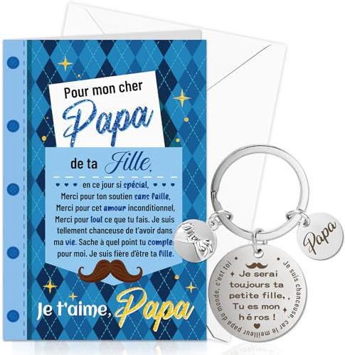 DPKOW Idee Cadeau Papa de Fille Fête des Pères Cadeau Carte avec Enveloppe Porte-Clé Papa Noël Anniversaire Cadeaux de Ta Fille, Tu es mon Héros