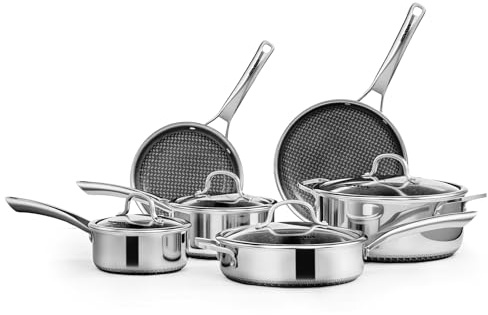 Bonnlo 10Pcs Stainless Steel Frying Pan Set, Non-Stick Frying Pan, Induction Hob Pot Set Non Toxic, Cookware with Lid, Riveted Handle, Free PFOA and PTFE, Dishwash Safe - 16cm 18cm 20cm 25cm