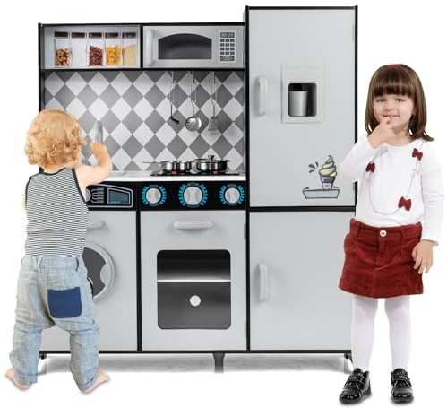 HOMASIS Spielküche mit Zubehör, Kinderküche Holz mit Herd Spüle Wasserhahn Mikrowelle Ofen Waschmaschine, Spielzeugküche mit Licht & Sound, Küchenspielzeugset ab 3 Jahren (Grau, Modell 1)