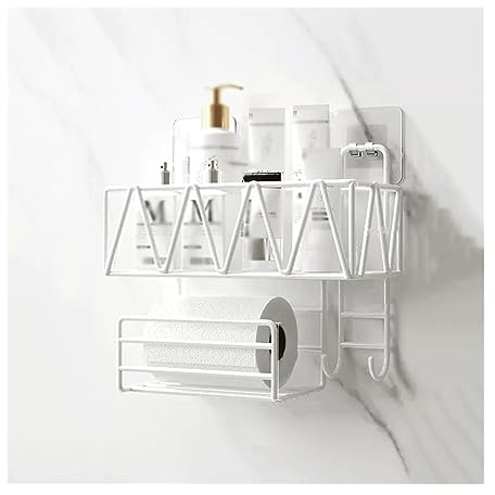 Jw562yv9 Bathroom Shelves Toilet Wall Storage Rack Washstand Double Layer Cosmetic with Tissue Holder and Hook Mounted Metal Without Punching Shower Organizer(White)