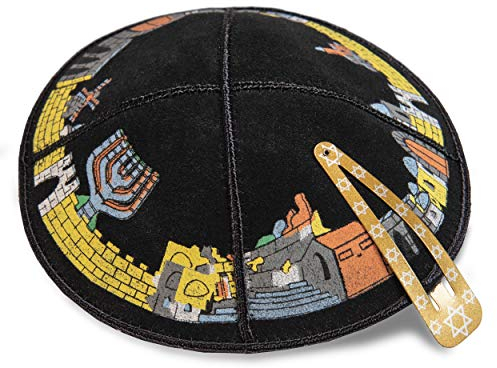 JL Kippha's 16 cm jüdischen Leder Schwarz Kipa Kippah Yarmulke Synagoge Jerusalem Entwurf