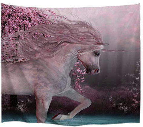 A.Monamour Wanddekor Wandteppiche Fantasy Märchen Einhorn In Romantischen Rosa Blume Bäume Felder Drucken Stoff Wandteppich Wandbehänge Für Kinder Schlafzimmer Kunst Dekorationen 229X153Cm / 90 X 60
