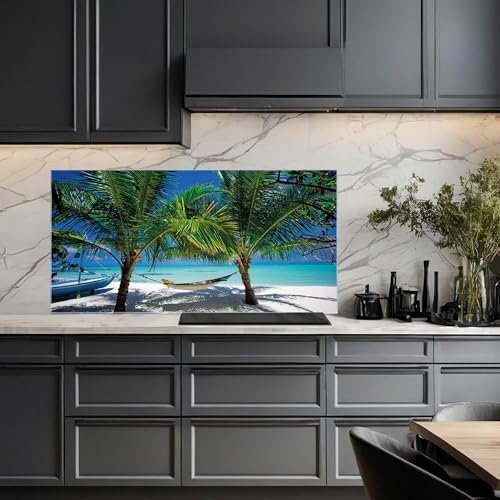 banjado Küchenrückwand Glas ohne Bohren 120x60cm – Glasrückwand Küche mit Motiv Strand/Spritzschutz Küchenrückwand Glas/selbstklebende Küchenrückwand Platte - magnetisch & beschreibbar