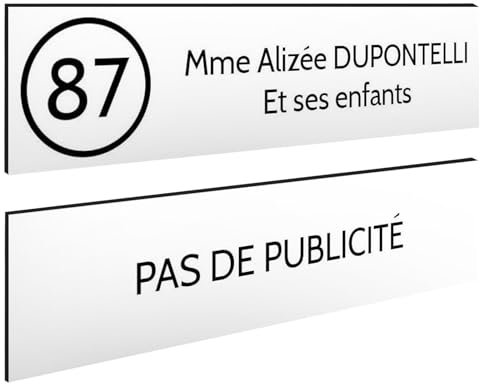 DECOHO - Plaque Boite aux Lettres Personnalisable - Lot de 2 plaques adhésives en Plastique Blanc Noir - Format 100x25 mm, Gravure Laser, Blanc