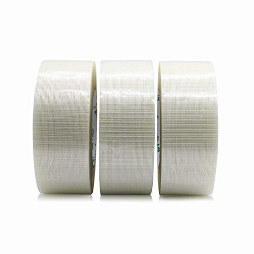 BOMEI PACK 3 Pack Strong Crossweave Reinforced Transparent Bi-Directional Filament Strapping Tape,Fiberglass Reinforced Heavy Duty Tape 170mic x 50mm x 50m