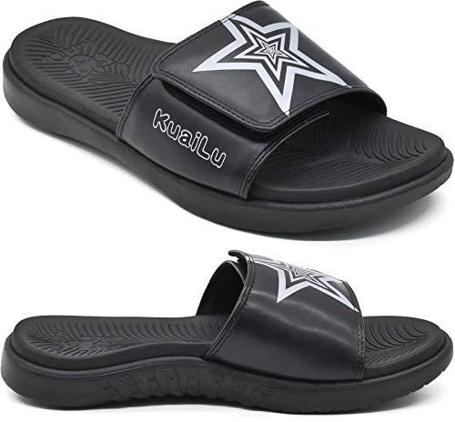 KuaiLu Mens Orthotic Leather Sandals Plantar Fasciitis Arch Support Athletic Slide Sandals For Men Adjustable Comfort Slippers With Soft Cushioning For Outdoor