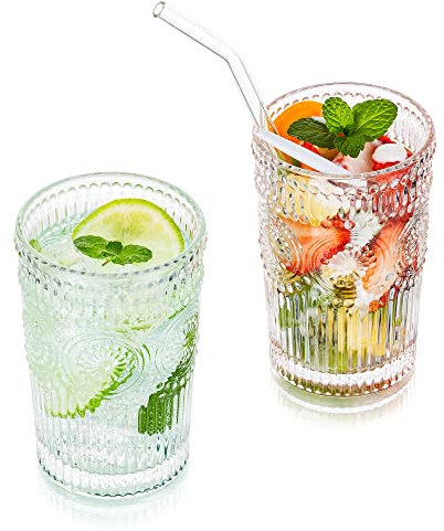 Water Glasses Drinking 400ML Vintage Tumblers Glass Set of 2 Tall Highball Glass for Juice Coffee Tea for Party, Bar