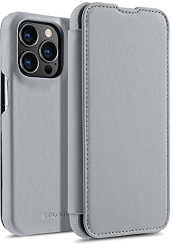 STILGUT Book Case kompatibel mit iPhone 13 Pro (6.1“) Hülle aus Leder zum Klappen, Klapphülle, Handyhülle, Lederhülle - Grau Nappa