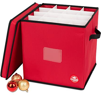 Christmas Village Collapsible Bauble Storage Bag – 600D Fabric Premium Bag for 64 Xmas Tree Decorations – 4 Layer Festive Season Ball Holder Cube with Separators, Zipped Lid and Carry Handles (Red)