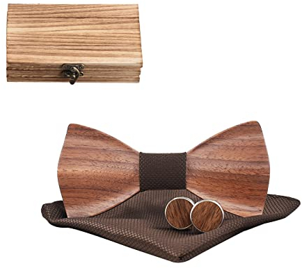 Mr.Van Hölz Fliege Herren Klassische, Holzfliege Set Handgearbeitete Natürliche Hölzerne Krawatte Fliege für Hochzeiten, Aufführungen, Abschlussball (mit Manschettenknöpfen, Taschentuch und Fliege)