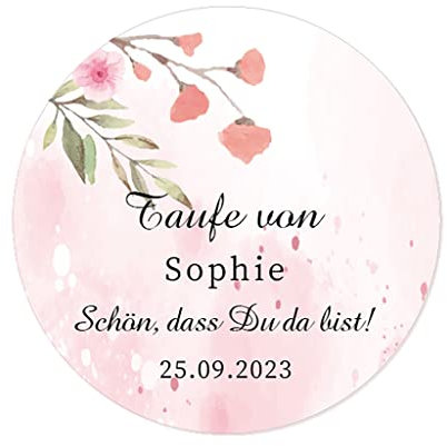 50 PERSONALISIERT 40mm Blume Aufkleber zur Taufe/Geburtstag/Kommunion Sticker Siegel - Schön, dass du da bist! Gastgeschenke Tüten Aufkleber für Hochzeit,Verlobung,Konfirmation - Rd 064 (001)