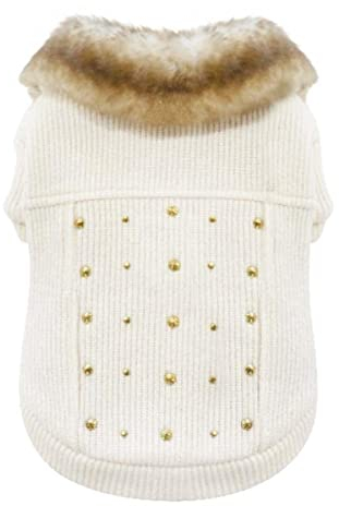 Croci-Sweatshirt für Hunde mit goldenen Nieten, Rückengröße 30 cm, gefüttert und verstellbar mit Klettverschluss, mit Gummizug und Loch für Leine und Geschirr, weiße Farbe