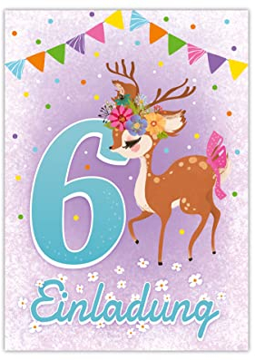 Junapack 12 Einladungskarten zum 6. Kindergeburtstag sechste Geburtstag Mädchen Reh