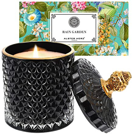 *ALSTER HERZ* Edle Duftkerze im Glas, Duft Raingarden, 40-50 Stunden Brenndauer, Glasbehälter als Geschenk oder Heimdekoration, Schwarz (Schwarz)