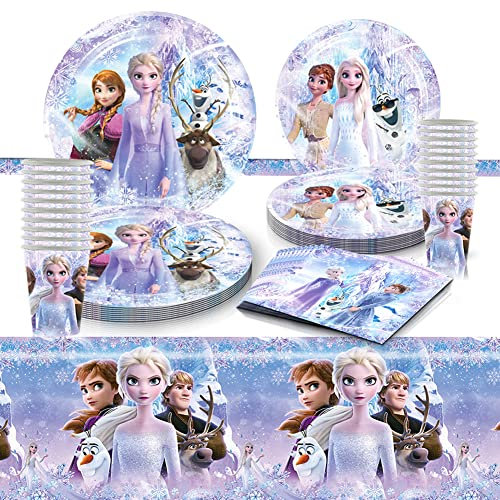 Frozen Birthday Party Decorations Supplies 10 Guests, Frozen Party Plates Napkins and Cups Tablecloth Girls Kids Bithday Party Tableware Set