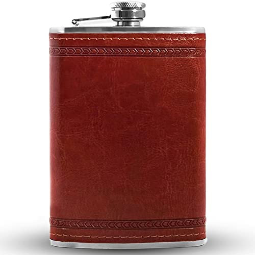 Petite Flasque en Cuir en Acier Inoxydable, Flasque en Acier Inoxydable, Design élégant en Cuir, Bouteille de Qualité Supérieure, Marron, 301-400ml