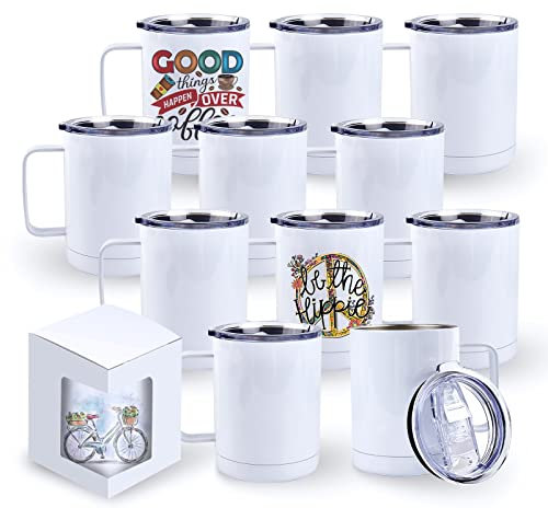 BetterSub 12oz Sublimation Tumbler Mugs with Handle and Sliding Lid, Display Box, Stainless Steel Coffee Camping Mugs Double Wall Vacuum Insulation Sublimation Blank, 12 Packs White