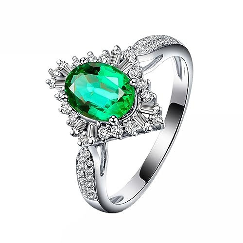 Verlobungsring Damen Weisgold, Ringe Frauen 18 Karat Gold Smaragd Ovaler Smaragd In Rautenform mit 0,86 ct und Diamant mit 0,41 ct Gr.60 (19.1)