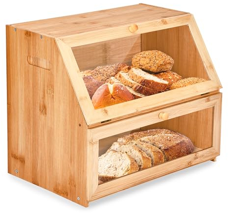 sølmo Panera de madera, inodora e insípida, para almacenar pan con tapa transparente, mucho espacio de almacenamiento en el interior, montaje automático, 39 x 32 x 25 cm, marrón