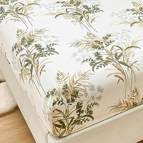 Mateju Spannbettlaken aus Mikrofaser mit Blumendruck für Einzelbett und Doppelbett, Weiche Bequem Spannbetttuch für Boxspringbett, Tiefe Tasche für bis 25 cm Matraze (120x200cm,Beige)