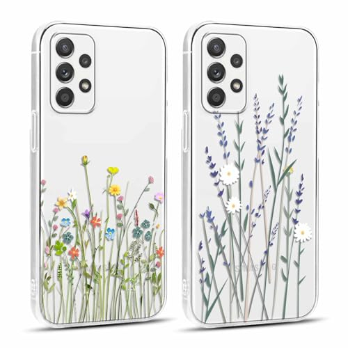 Yoedge 2 Stück Handyhülle für Samsung Galaxy A52 4G/A52 5G/A52s 5G Hülle 6,5, Transparent Blumen Muster Mädchen Aesthetic Flowers Handyhülle Weich Durchsichtig Schlanke Silikon Stoßfest Schutzhülle
