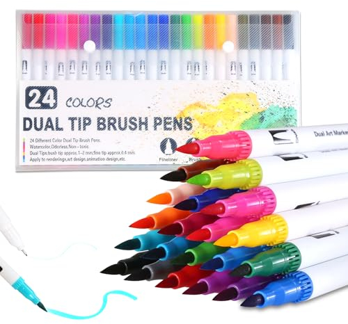 CRESZZLE Dual Filzstifte Set: Filzstifte 24 Farben, Filzstifte Für Erwachsene, Brush Pen Set,Pinselstifte, Filzstifte Kinder – Malbücher, Handlettering, Manga, Kalligraphie.
