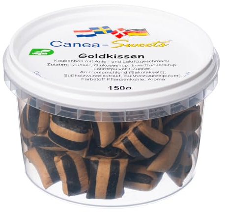 Canea Sweets Goldkissen | Zart schmelzende Kaubonbons mit Lakritz- & Anisgeschmack | Vegan | 150 g