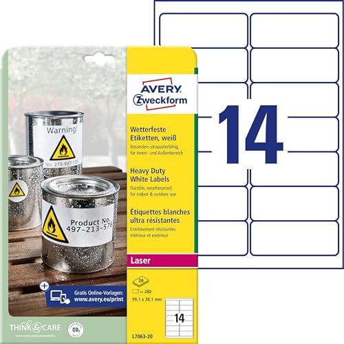 AVERY Zweckform L7063-20 Wetterfeste Folienetiketten (280 Klebeetiketten, 99,1x38,1mm auf A4, extrem stark selbstklebend, wasserfest, strapazierfähig, bedruckbare Outdoor Klebefolie) 20 Blatt, weiß