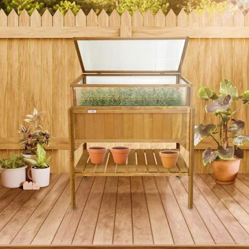 Lendo Online Fioriera Rialzata da Giardino Esterno con Ripiano in Legno con serra - 97,5 x 49 x 120 cm - Aiuola Alta per Giardino/Balcone - Con lastre di policarbonato (Marrone)