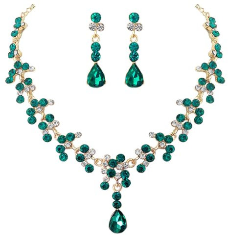 Carufin Bridal Wedding Crystal Necklace Earring Set Bride Necklaces Jewelry Accessories for Women and Girls (Green)