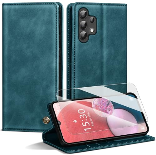 Handyhülle für Samsung Galaxy A13 5G/A04S Hülle,Premium Lederhülle für Samsung A13 4G/5G [Mit 1 Stück Panzer Schutz Glas] Magnet Kartenfach Klapphülle Schutzhülle für Galaxy A04S,BlauGrün