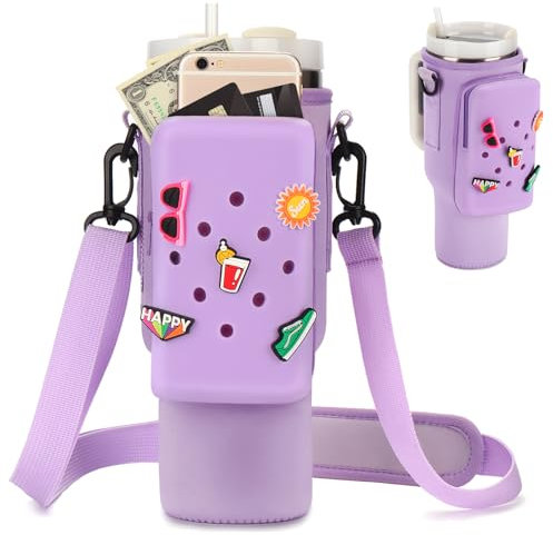 Magibag Water Bottle Carrier Bag with Silicone Phone Pocket & 5 Charms for Stanley Cup 40 oz, Neoprene Water Bottle Holder Tumbler Pouch with Adjustable Strap (Purple)
